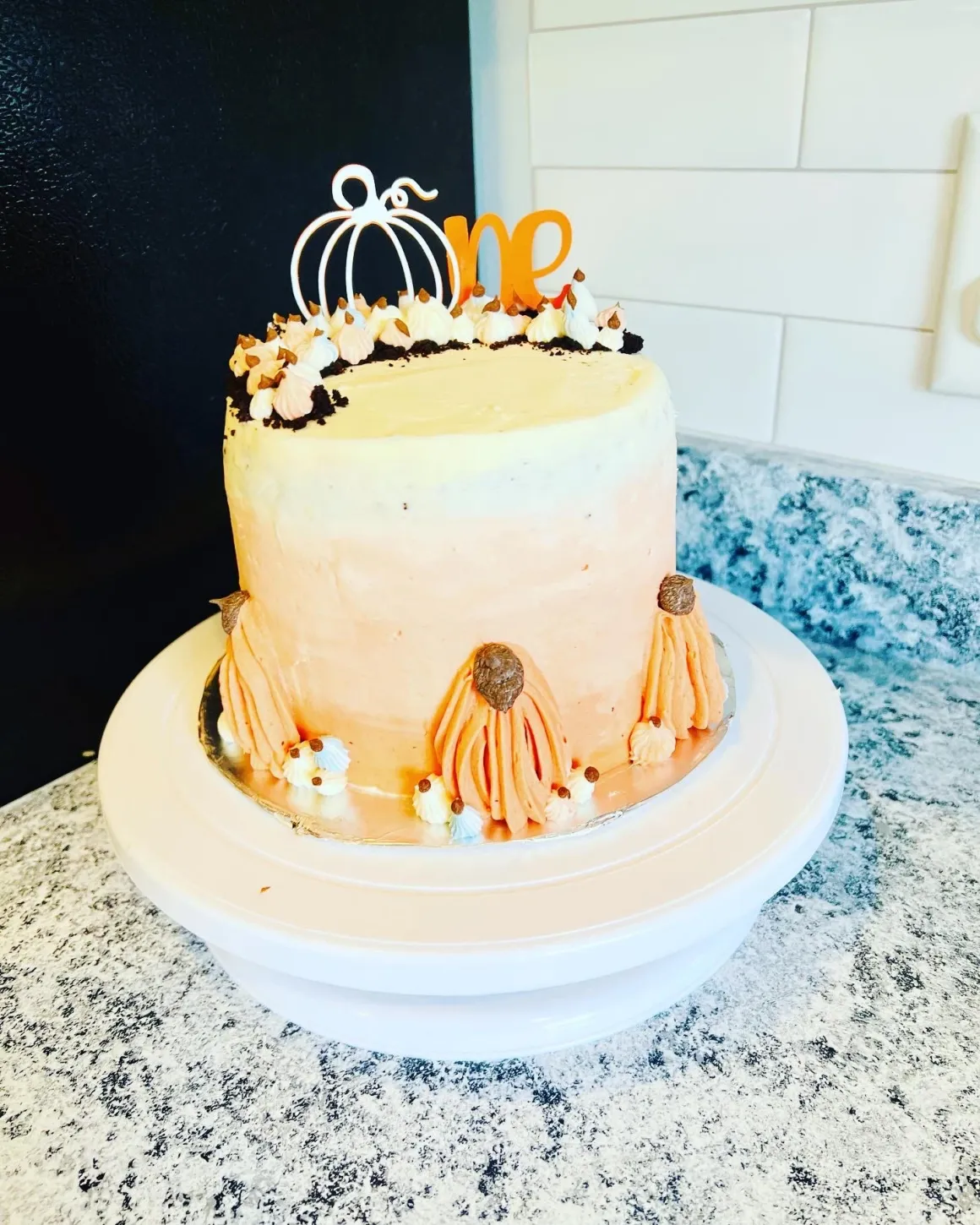 Pumpkin themed first birthday cake